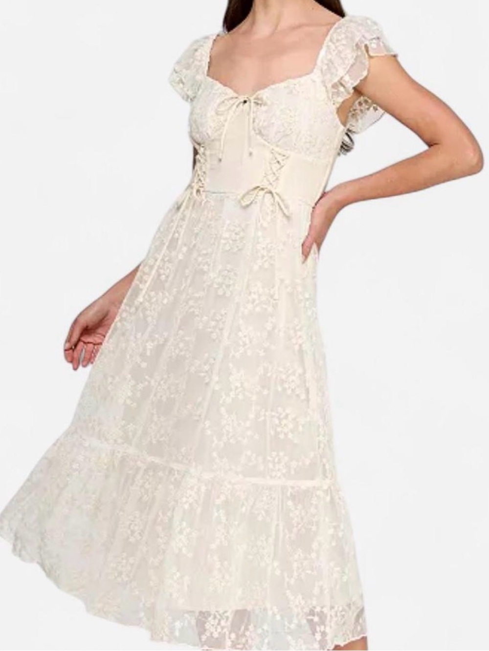 Romantic Ivory Lace Midi Dress with Ruffled Sleeves